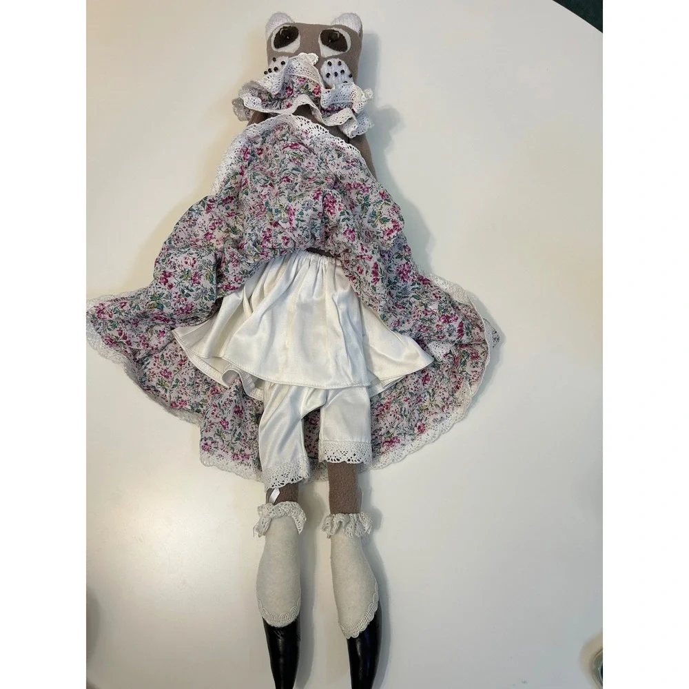 Handmade Folk Art Cat Doll Set Mother and Kitten Floral Lace Tiered Dress Felt